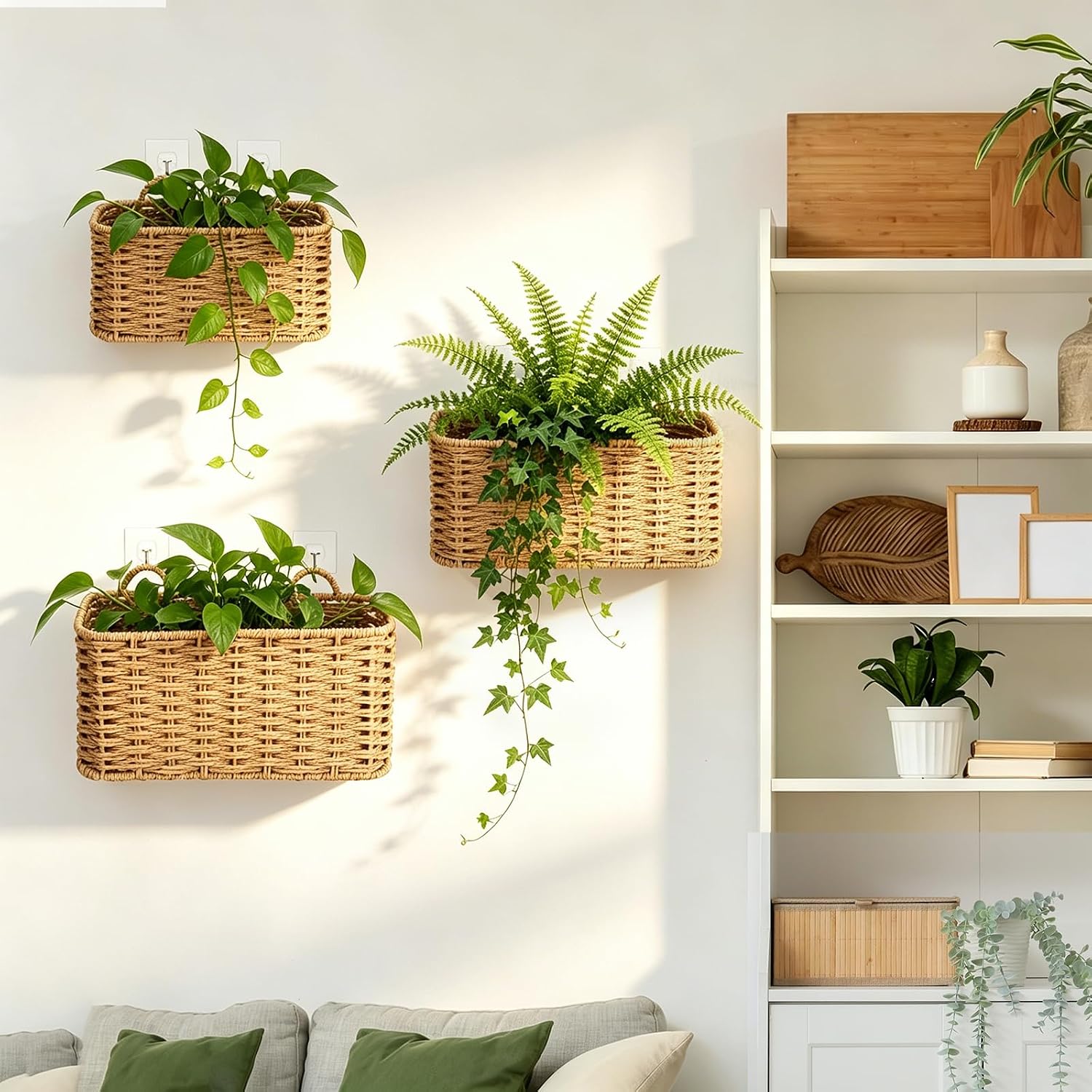 3 Piece Boho Wall Hanging Baskets for Organizing Paper Rope Woven / Natural Color / Rectangular