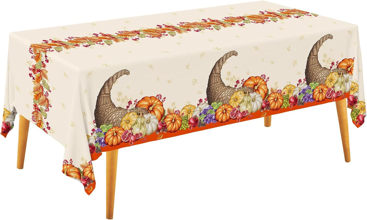 Fall Pumpkin Harvest Party Supply Plentiful Cornucopia Design plastic tablecloth for Thanksgiving Autumn Party Decorations 54 X 108Inch 3 Pack