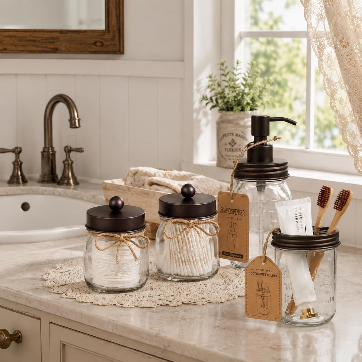 SheeChung Mason Jar Bathroom Accessories Set,6Pcs Rustic Bathroom Set,Brown | Glass Bathroom Accessory Set, Soap