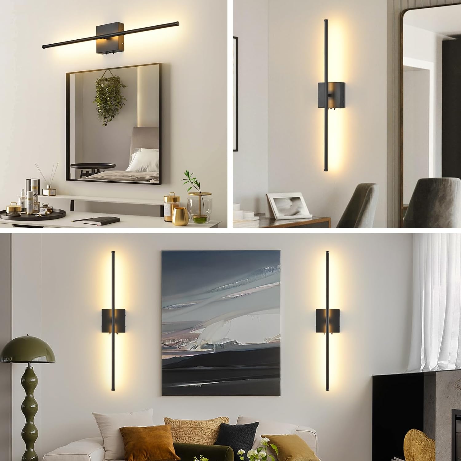 Battery Operated Wall Sconces with Remote Control, 11000mAh LED Wireless Rechargeable Black Wall Lights, 350°Rotate