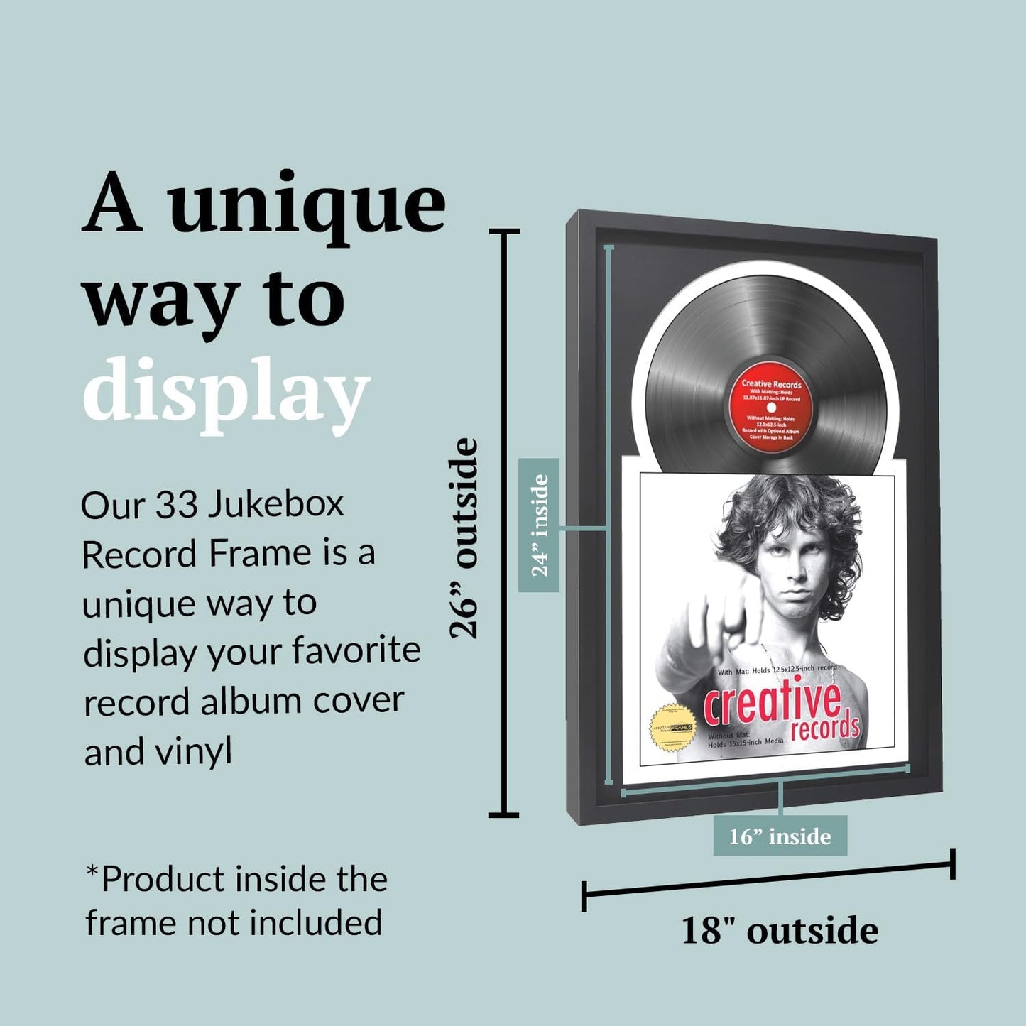 16" x 24" Jukebox Vinyl Frame Display with Double Matting, LP Record Album Frame for Wall Decor, Black/Black, 1 Count