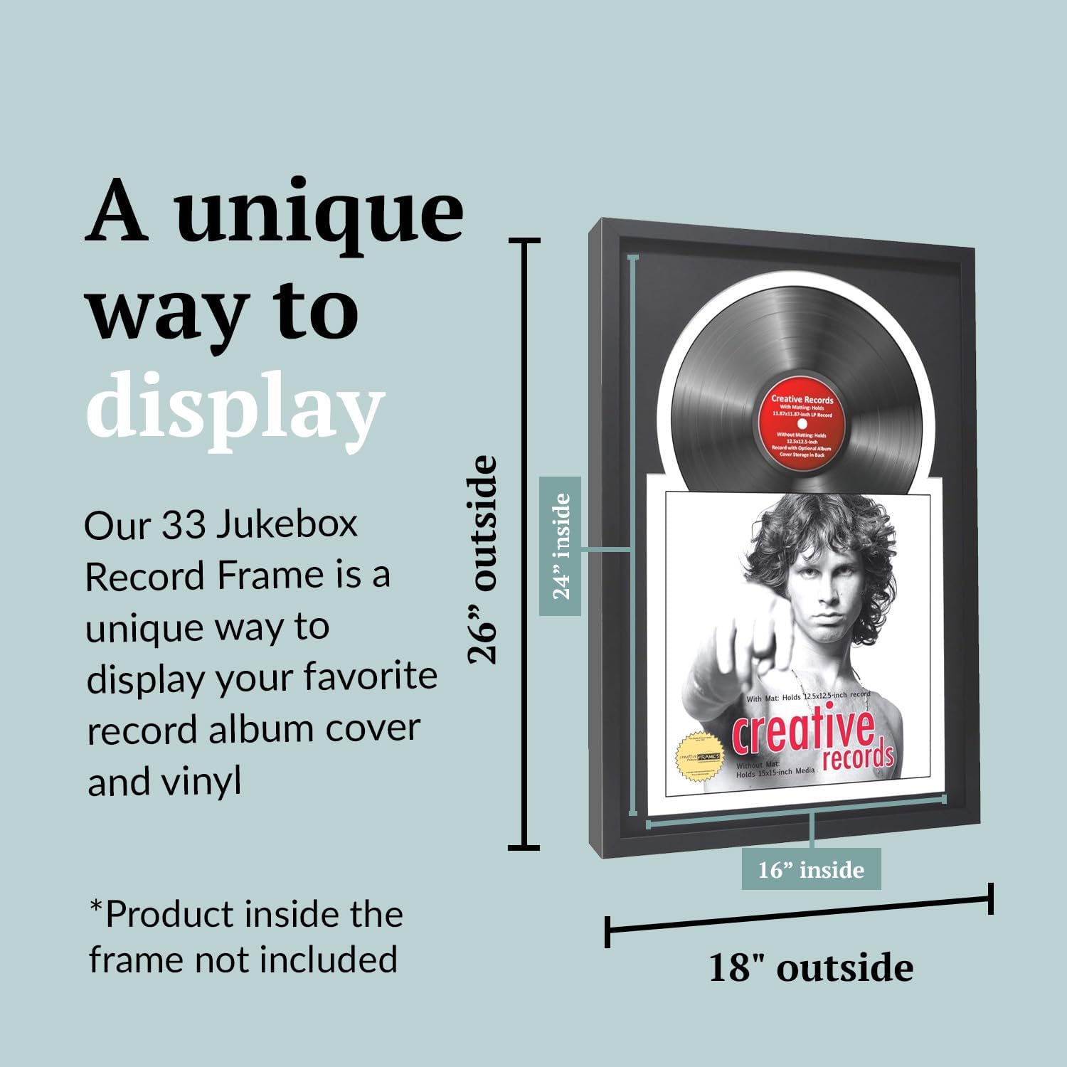 16" x 24" Jukebox Vinyl Frame Display with Double Matting, LP Record Album Frame for Wall Decor, Black/Black, 1 Count