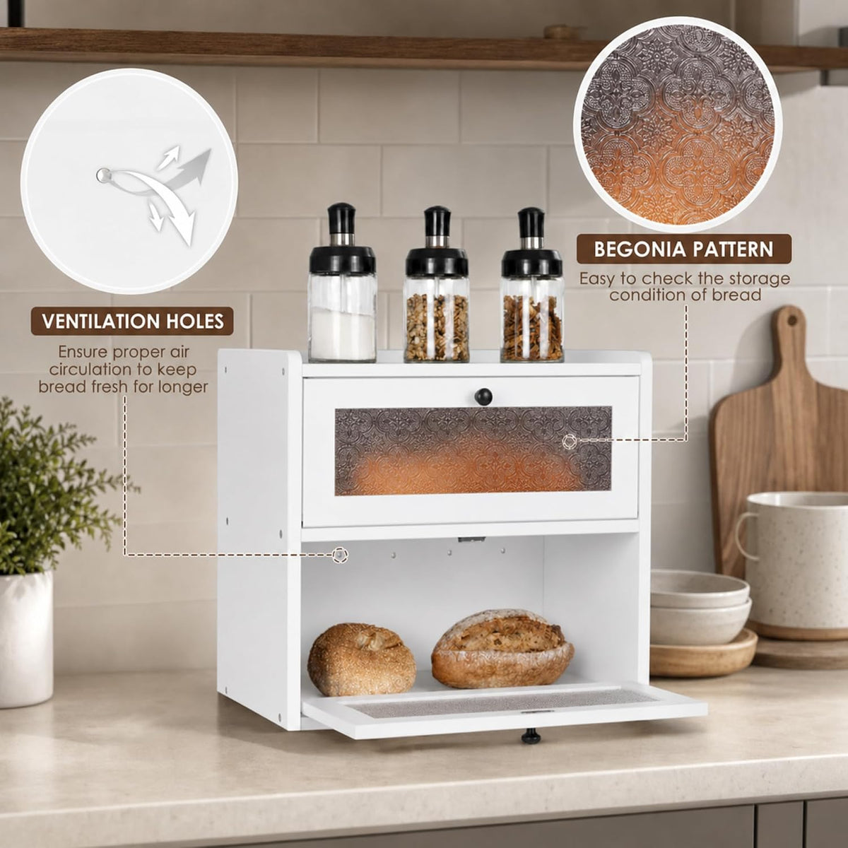 Sunhoo Bread Box for Kitchen Countertop, Large Pine Wood Breadbox, White | Farmhouse Pantry Container, Double Layer