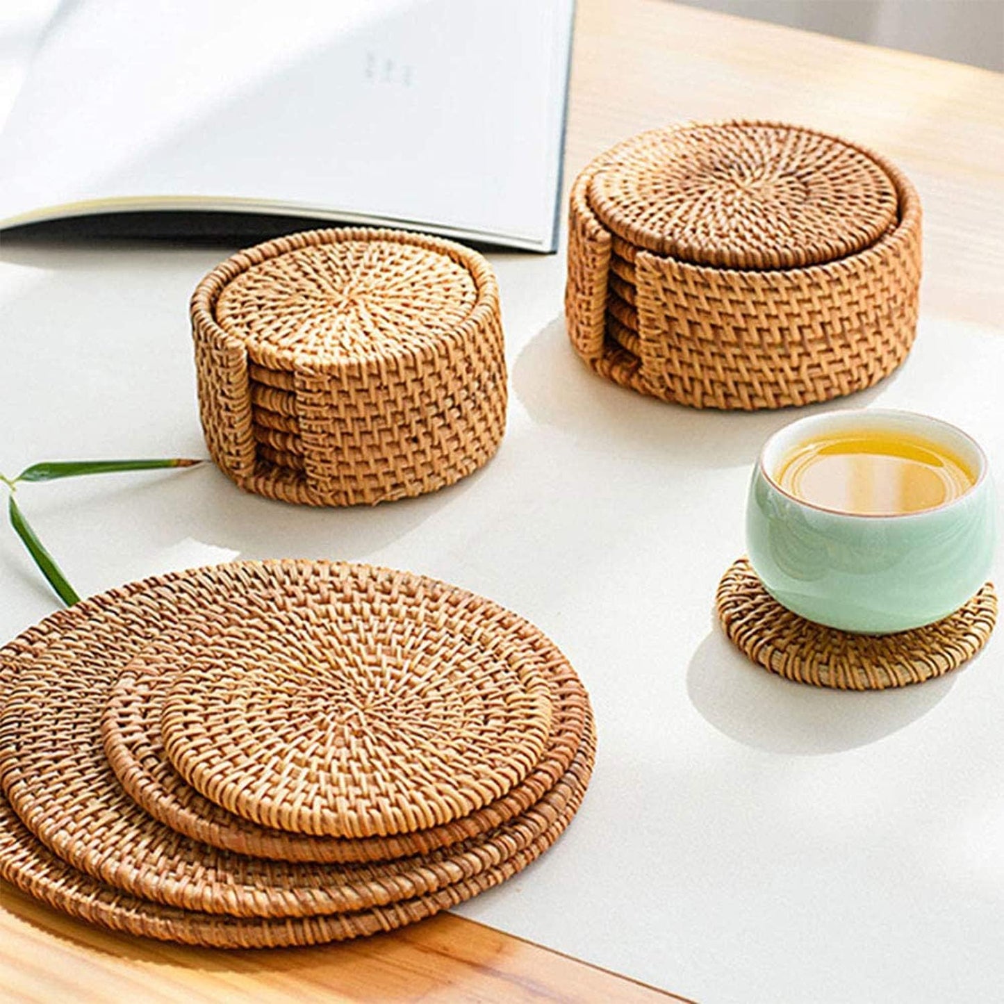 Holder / Wicker Boho Woven Coasters / Natural / Set of 6