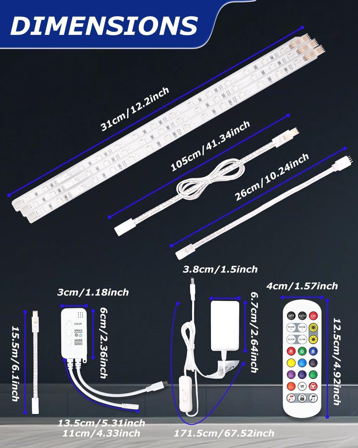 Cefrank Color Cabinet Lighting, 4pcs 12" Linkable RGB LED Light Bar Kit for Display Cabinet, Smart App & Remote