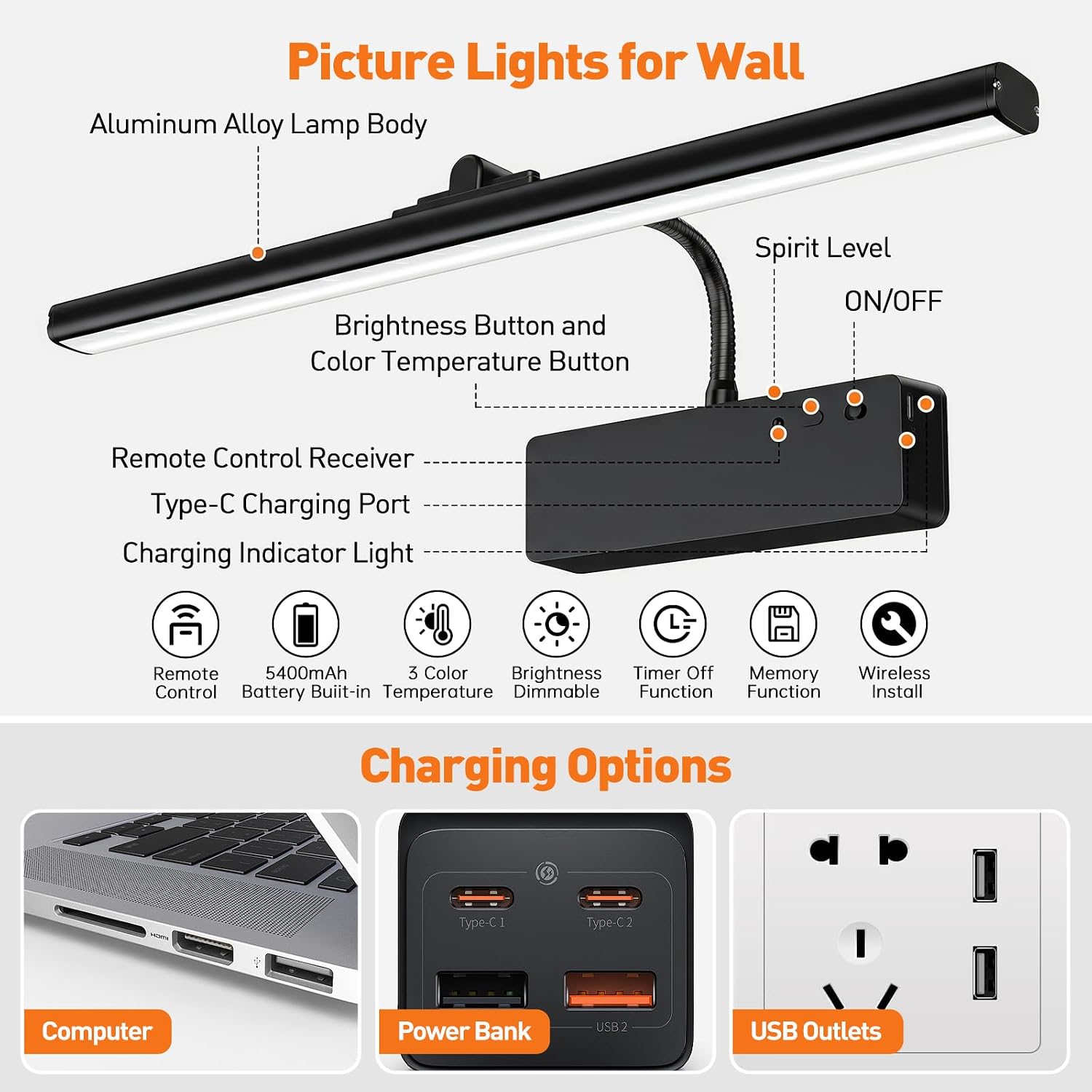 Picture Light, 15.35inch Wireless Picture Lights for Wall Rechargeable, 5400mAh Battery Wall Light with Remote, 3 Color