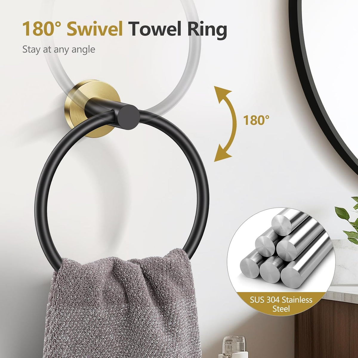 TQKAG 5 Piece Black and Gold Bathroom Accessories, Towel Racks for Bathroom | 23.6" Bathroom Hardware Set, SUS304