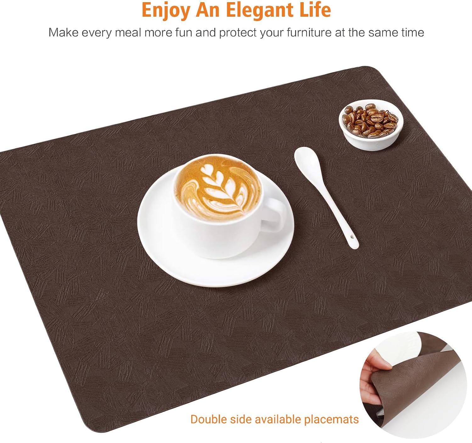 Brown Vinyl Placemats Set of 8 Waterproof Wipeable Table Mats | Heat Resistant Easy Clean Place Mats Faux Leather Table