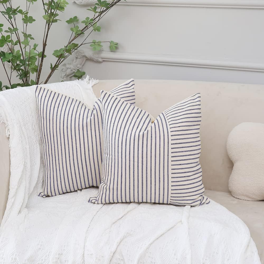 Beige Patchwork Farmhouse Throw Pillow Covers / Navy Blue / 18 x 18 / Set of 2