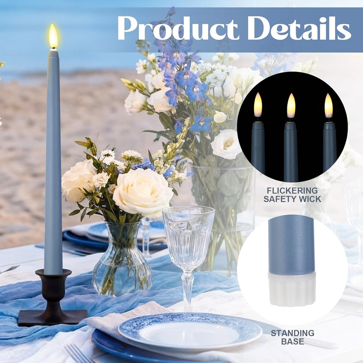 Macarrie 24 Packs Flameless Taper Candles Battery LED 11",Haze Blue | Fake Candlelight Flameless Candlesticks