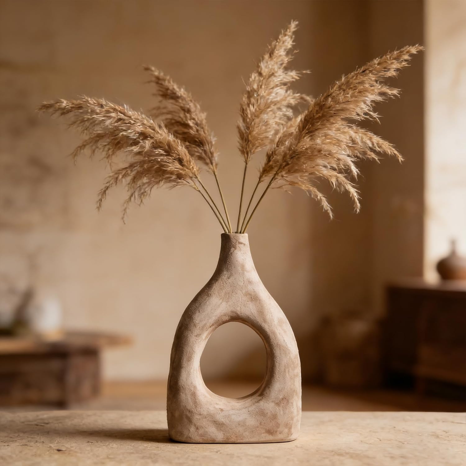 Large Boho Ceramic Floor Vase / Beige Medium