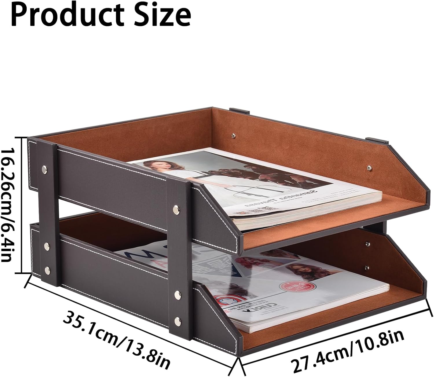 Leather Desk Organizer,2-Tier Stackable Letter Tray Holder,Office Supplies Desktop Storage Box for