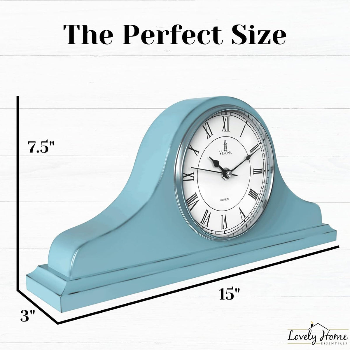 Mantel Clock for Fireplace, Teal Wooden Farmhouse Silent Mantle Clock | Solid Wood Non-Chiming Battery Operated Clock