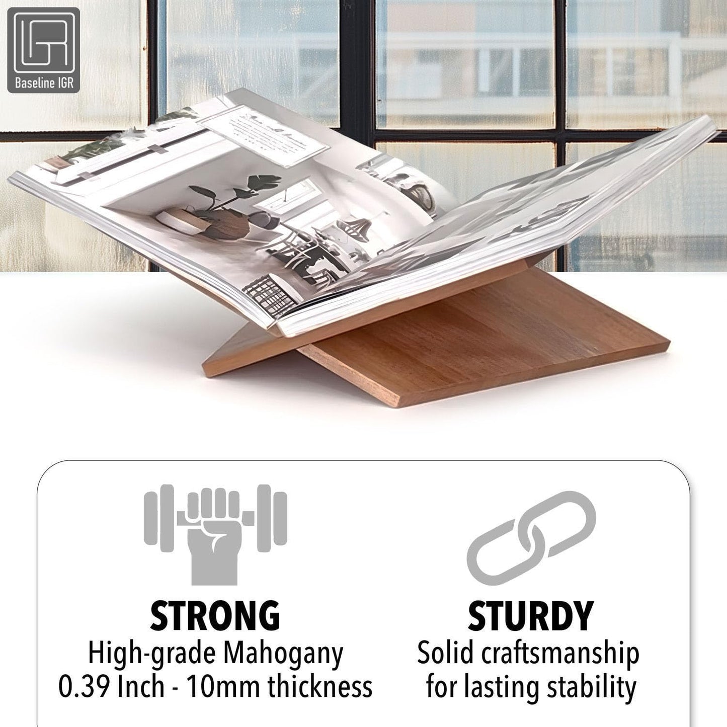 Large Wood Book Stand, 12.5" x 9.5" x 5.5”, Angled Natural Mahogany Wooden Book Holder, Open Bookstand for Display and