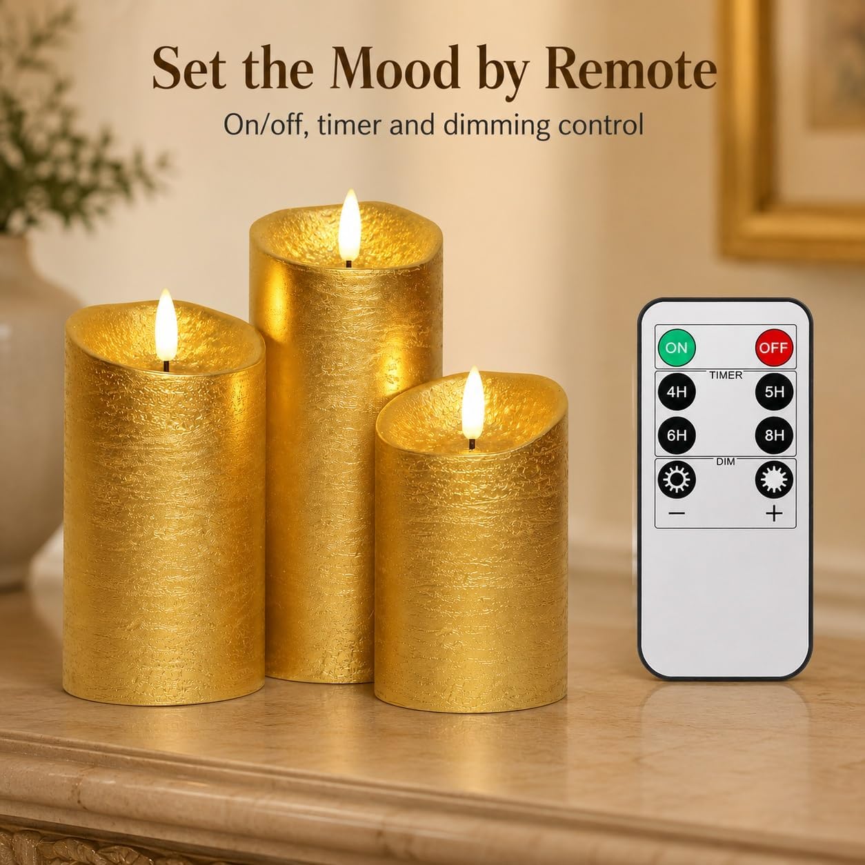 Gold Candles Battery Operated with Remote for Christmas Decor | 3 Inch Diameter, 4 5 6 Inch Heights, Real Wax Gold