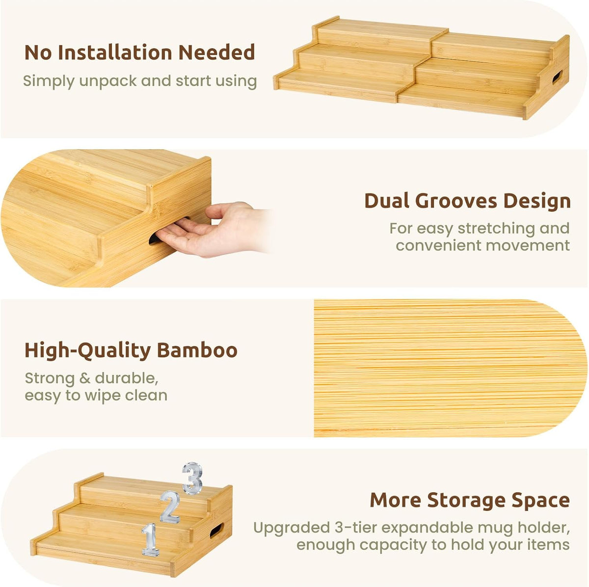 3-Tier Expandable Bamboo Mug Holder for Countertop Coffee Cup Holder Display Mug Organizer Mug Rack for Coffee Bar