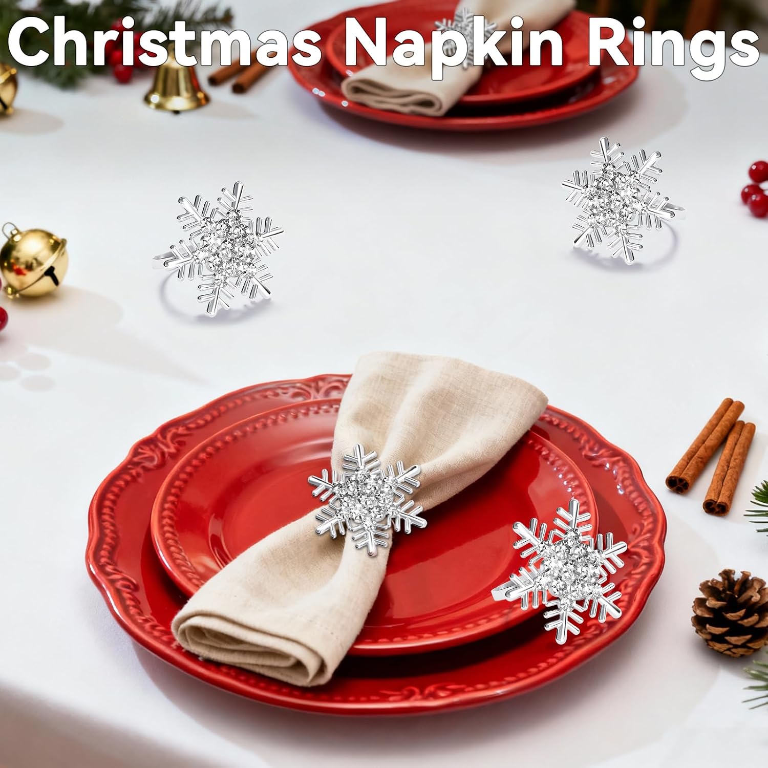 Christmas Silver Snowflake Napkin Rings Set of 12, Napkins Ring for Dinning Table - Rustic Dinner Tables Decoration for