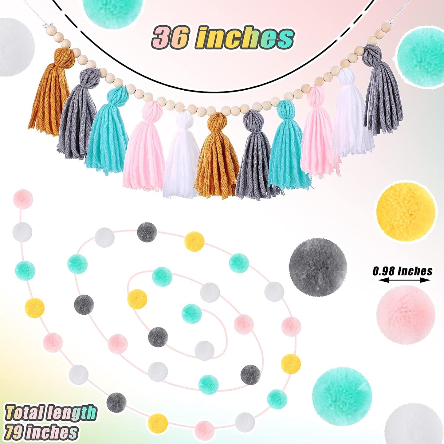 79" 2 Pom Pom Garland Wall Decor and 36" 1 Boho Tassel Garland / Simple Colors / Set of 3