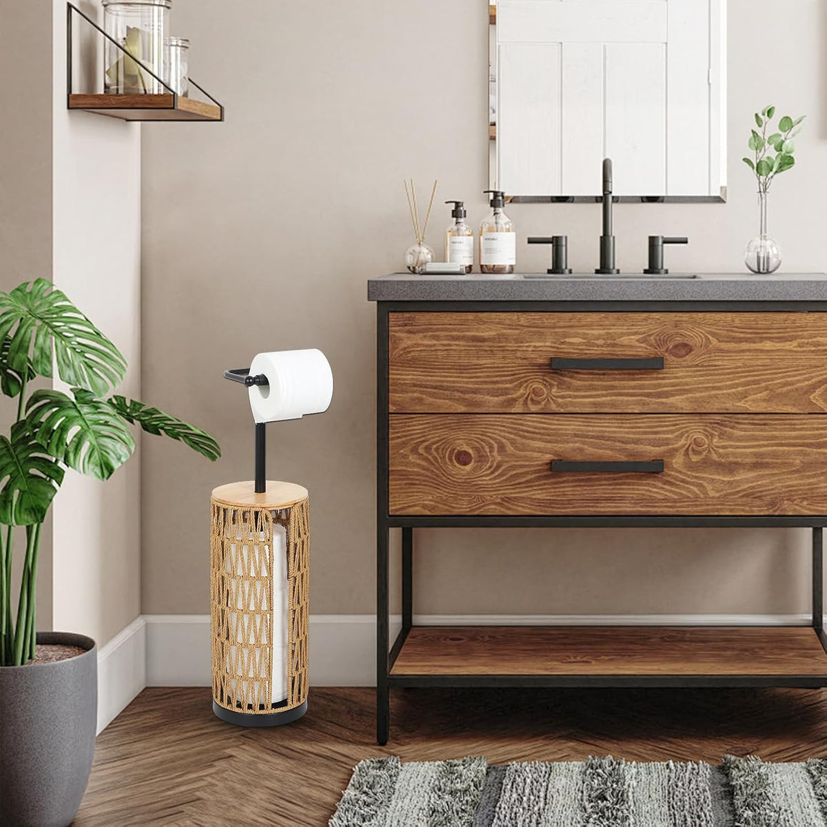 Freestanding Toilet Paper Holder with Storage,3 Rolls of Boho Toilet Paper Holder Stand with Lid,Gold Toilet Tissue