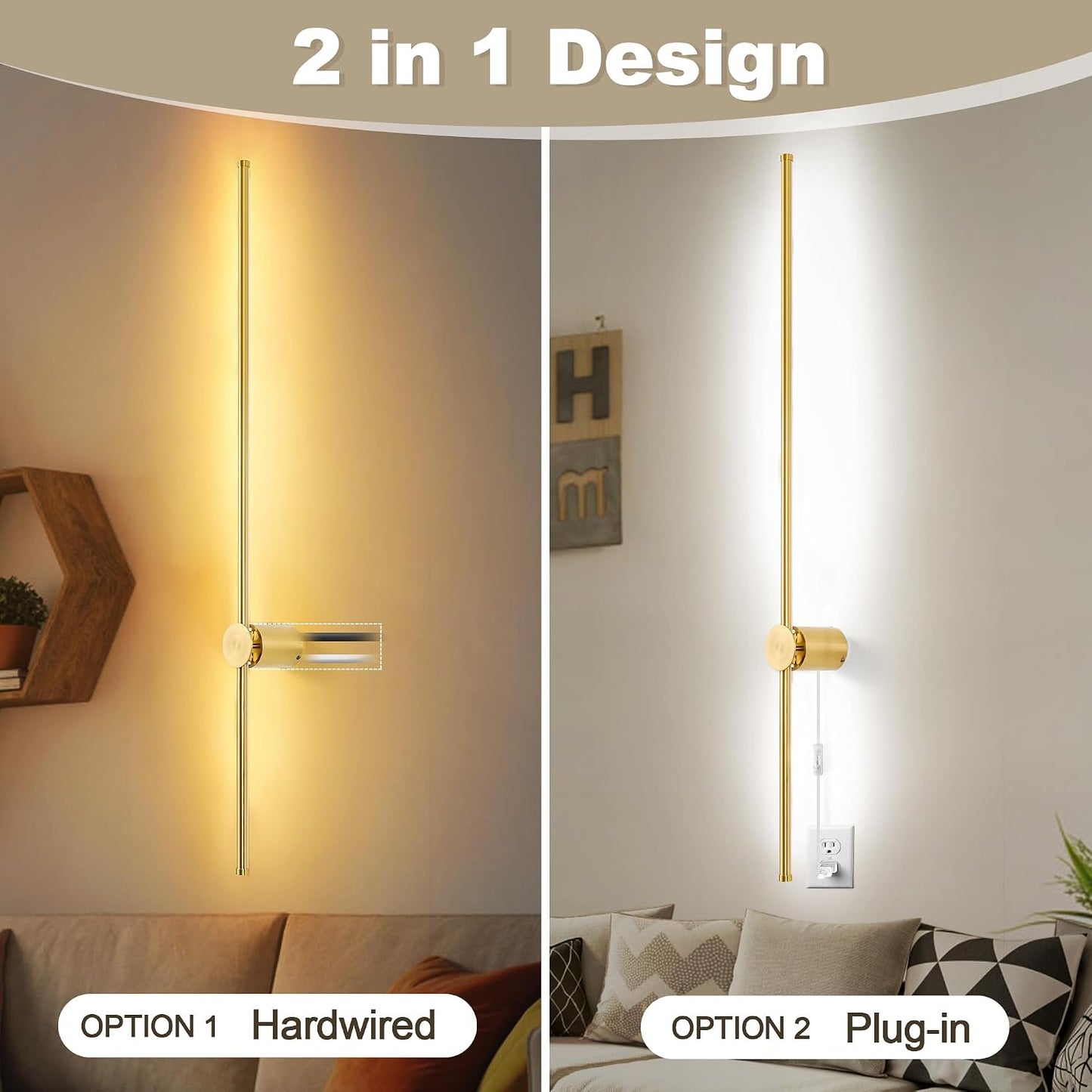 GOODATE Wall Sconces Set of Two with Remote, Stepless Colors 3000K-6500K & Stepless Dimming, Hardwire or Plug-in, 180°