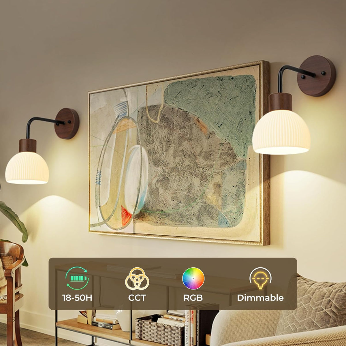 Glass Battery Operated Wall Sconces Set of 2, Rechargeable Wall Lamp with Remote, 12 Colors Dimmable Wireless Sconces