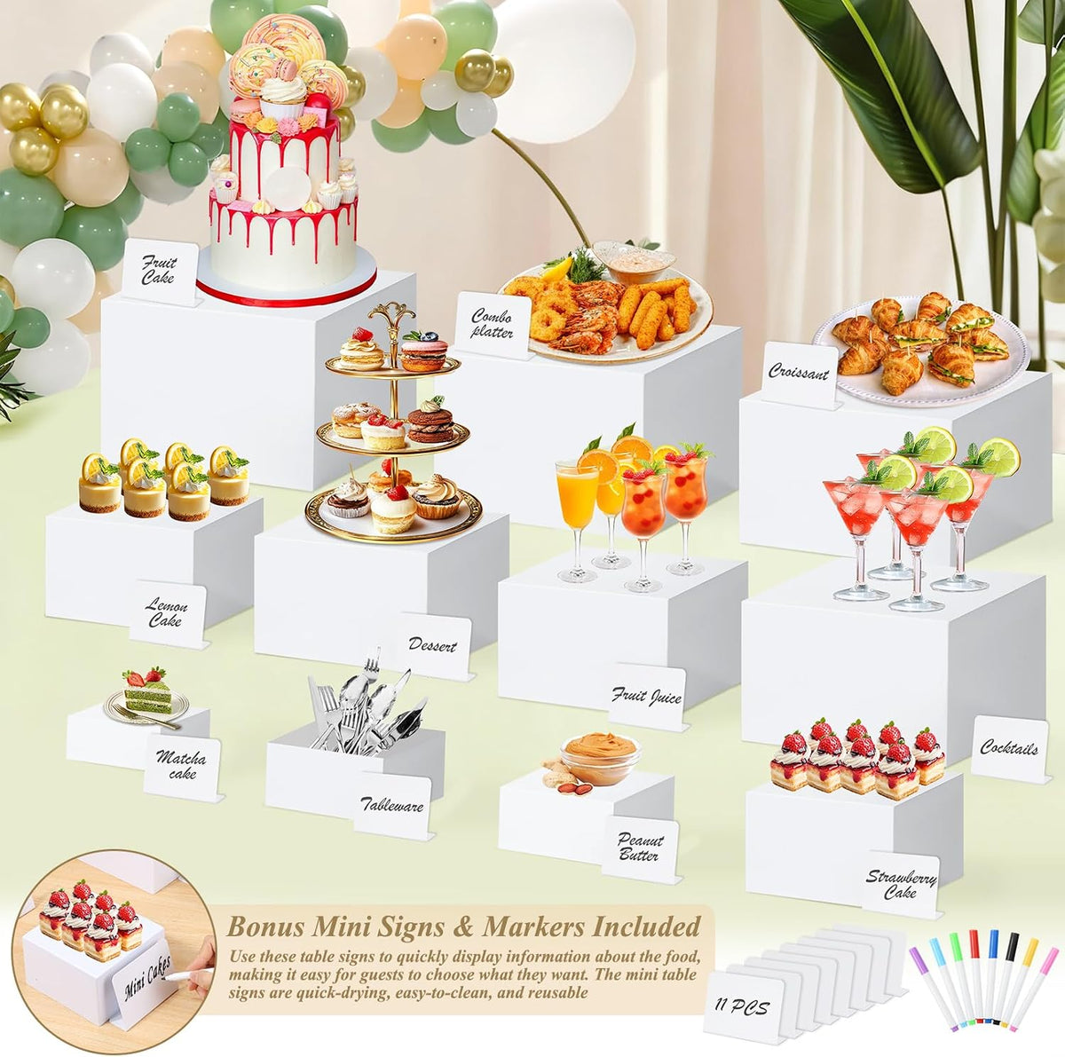 11 Pcs White Acrylic Buffet Risers and Stand with Mini Table Sign and Maker | Food Riser for Buffet Table Display Stand