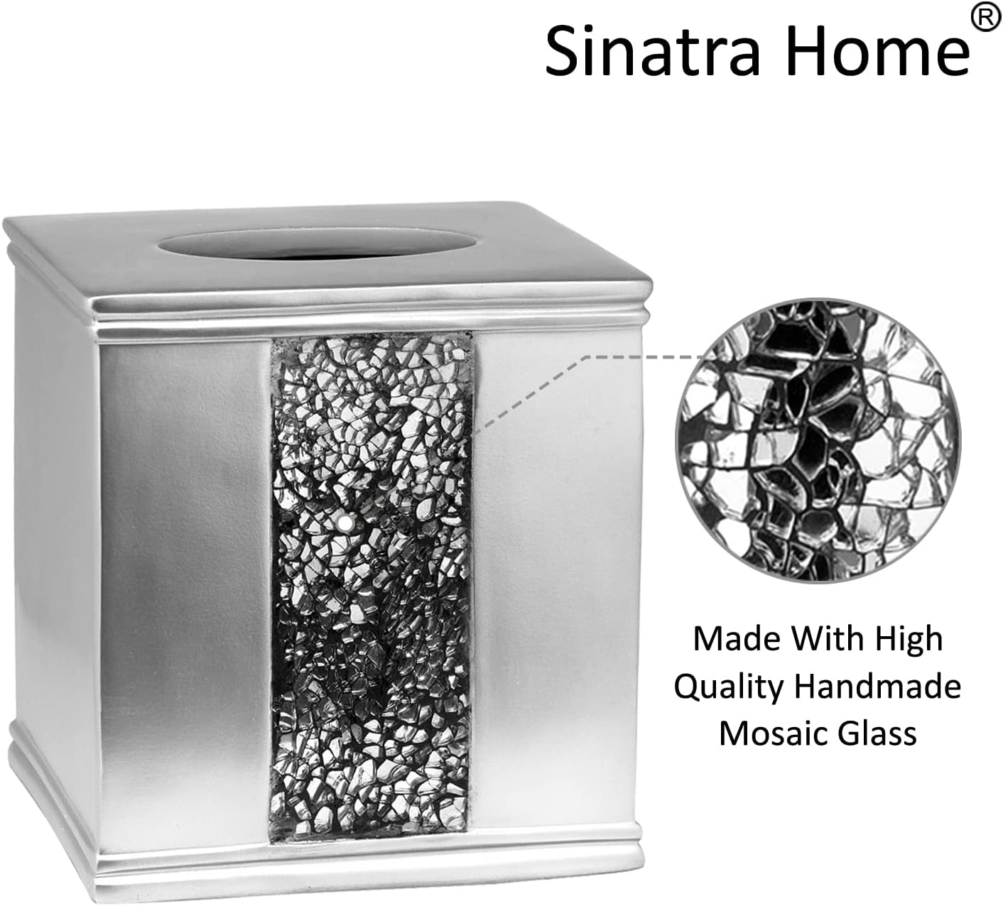 Zahari Home 2pc Sinatra Silver Modern Bath Accessories Set Waste Basket & Tissue Box Modern Classic Contemporary