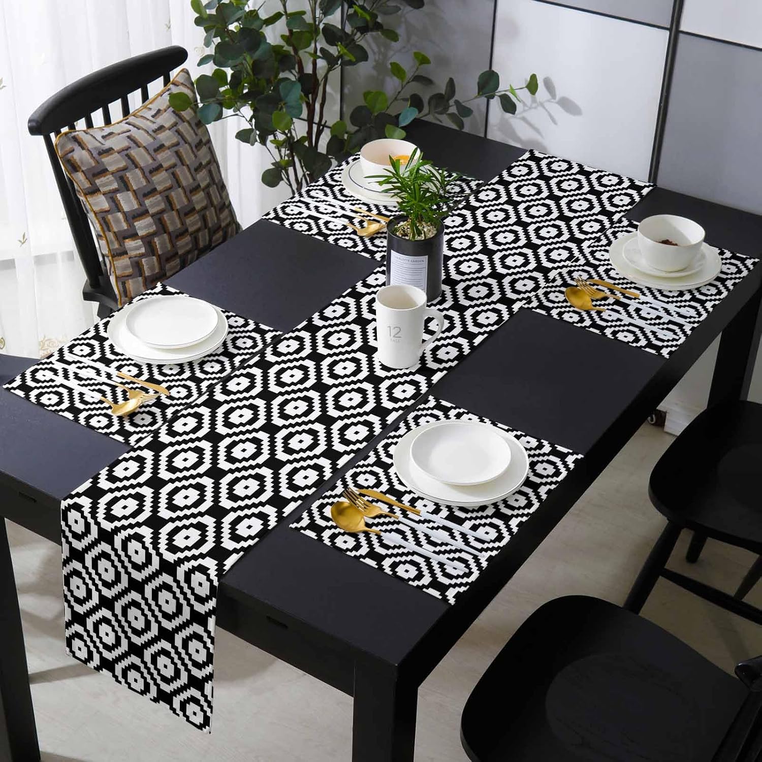Black White Geometric Table Runner with Placemats Set of 6, Cotton Linen Kitchen Dining Mats Long Table Cover 16"x72"
