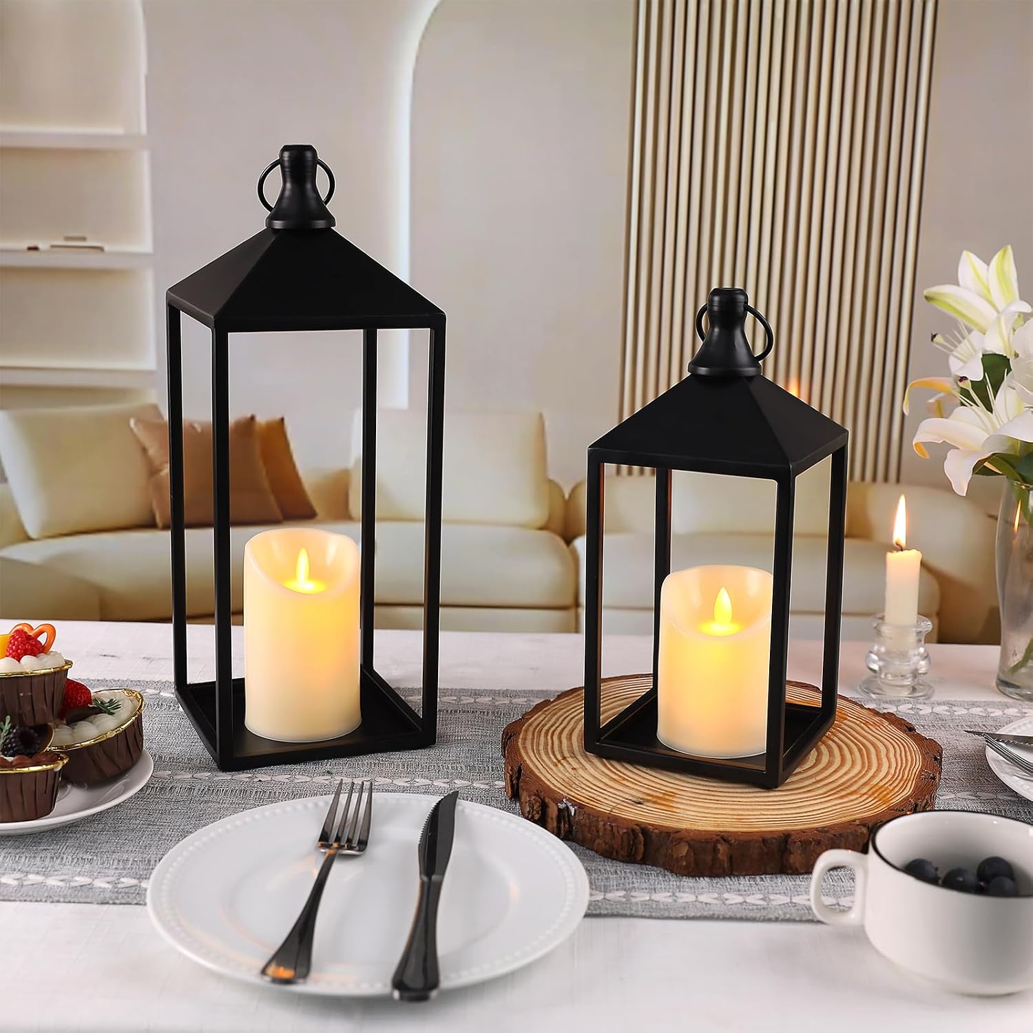 2 Pcs Black Decorative Metal Lanterns Farmhouse Lantern Decor with Candles | 15" 11" Outdoor Candle Lanterns for