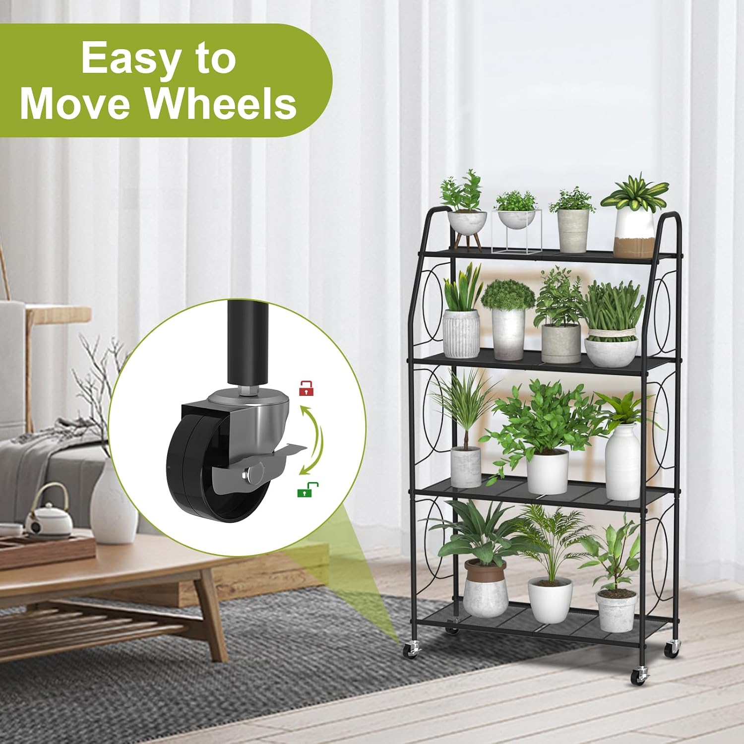 VyGrow 4 Tier Plant Stand with Wheels, Plant Shelf for Indoor Outdoor, Heavy Duty Metal Tall Plant Stands Holder Rack