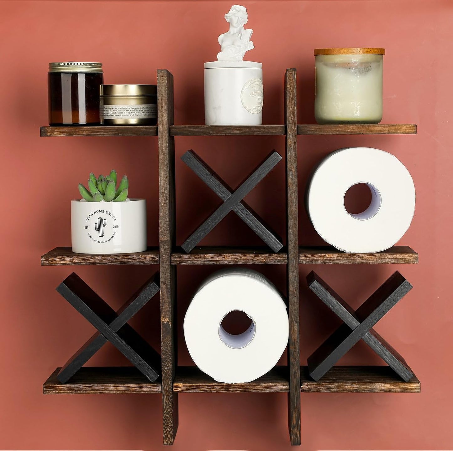 Weysat Tic Tac Toe Toilet Paper Holder,Brown, Black | Farmhouse Bathroom Decor, Freestanding or Wall Mount Storage for