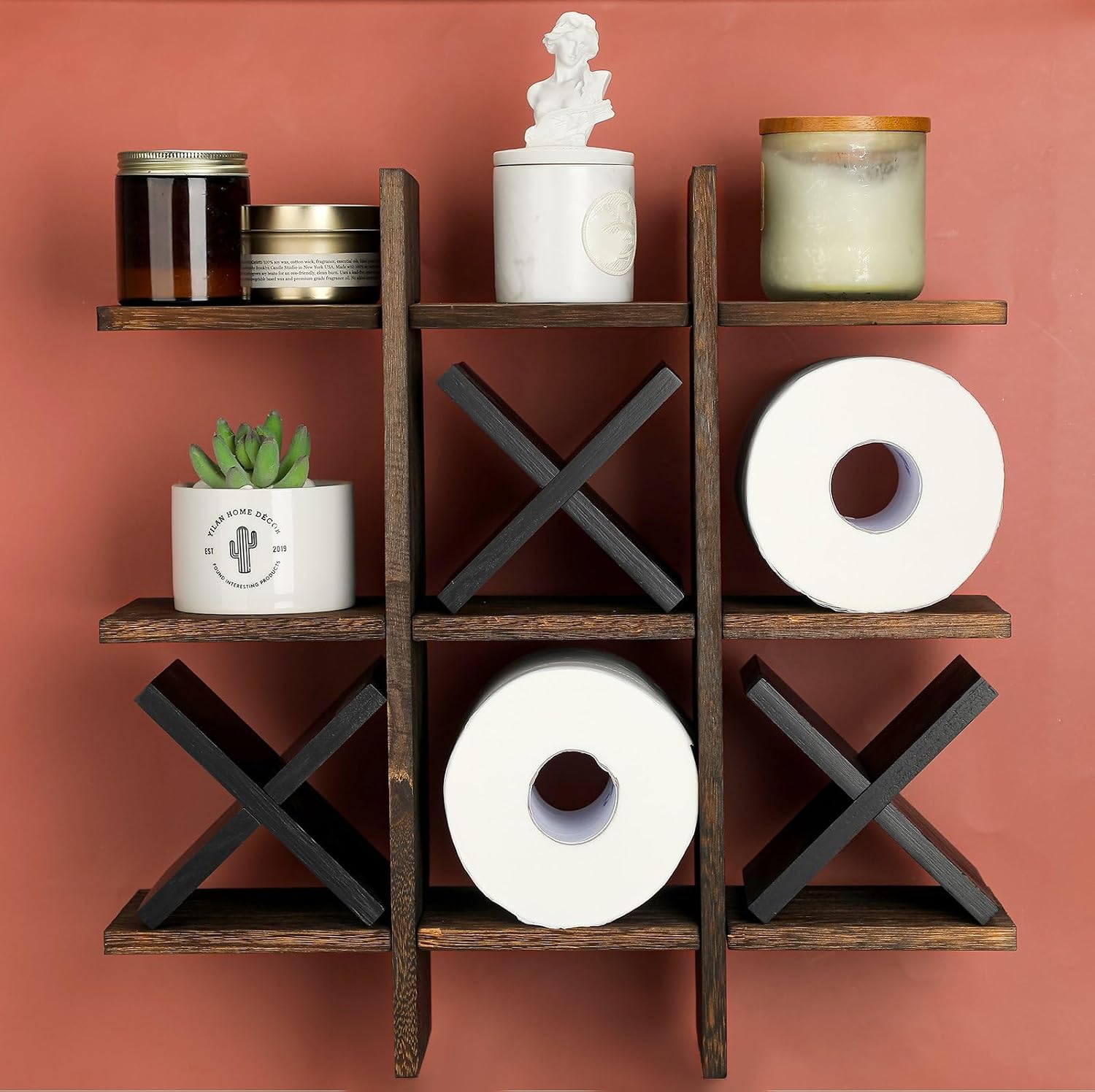 Weysat Tic Tac Toe Toilet Paper Holder,Brown, Black | Farmhouse Bathroom Decor, Freestanding or Wall Mount Storage for
