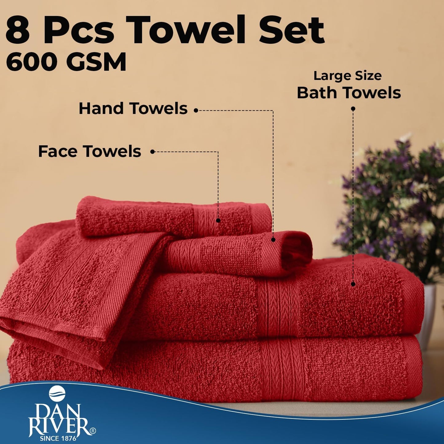 DAN RIVER 8 Piece Luxury Bath Towels for Bathroom, Towel Set, Red | 2 Bath towels, 2 Hand towels, and 4 Wash Cloths