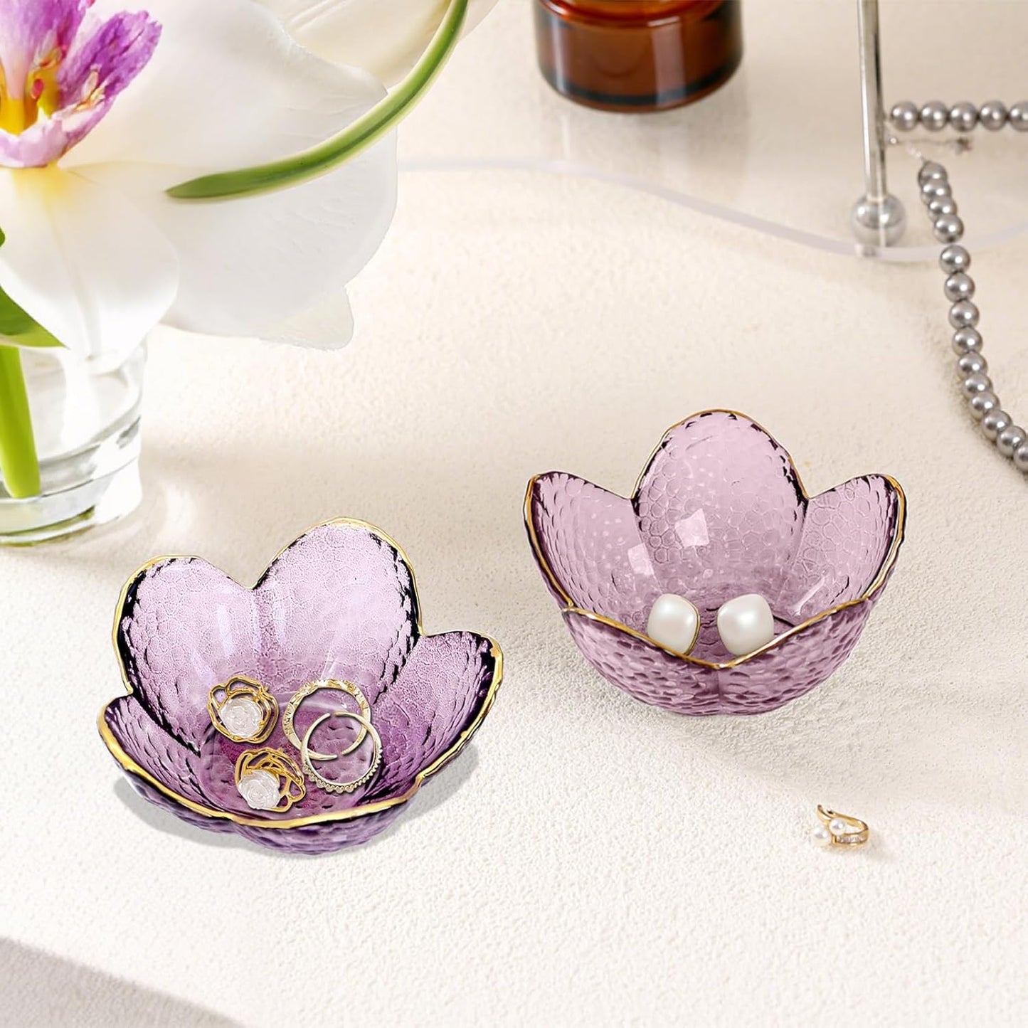 Gifts for Women Purple Flower Jewelry Dish Glass Ring Holder Decorative / Flower Purple / Set of 2
