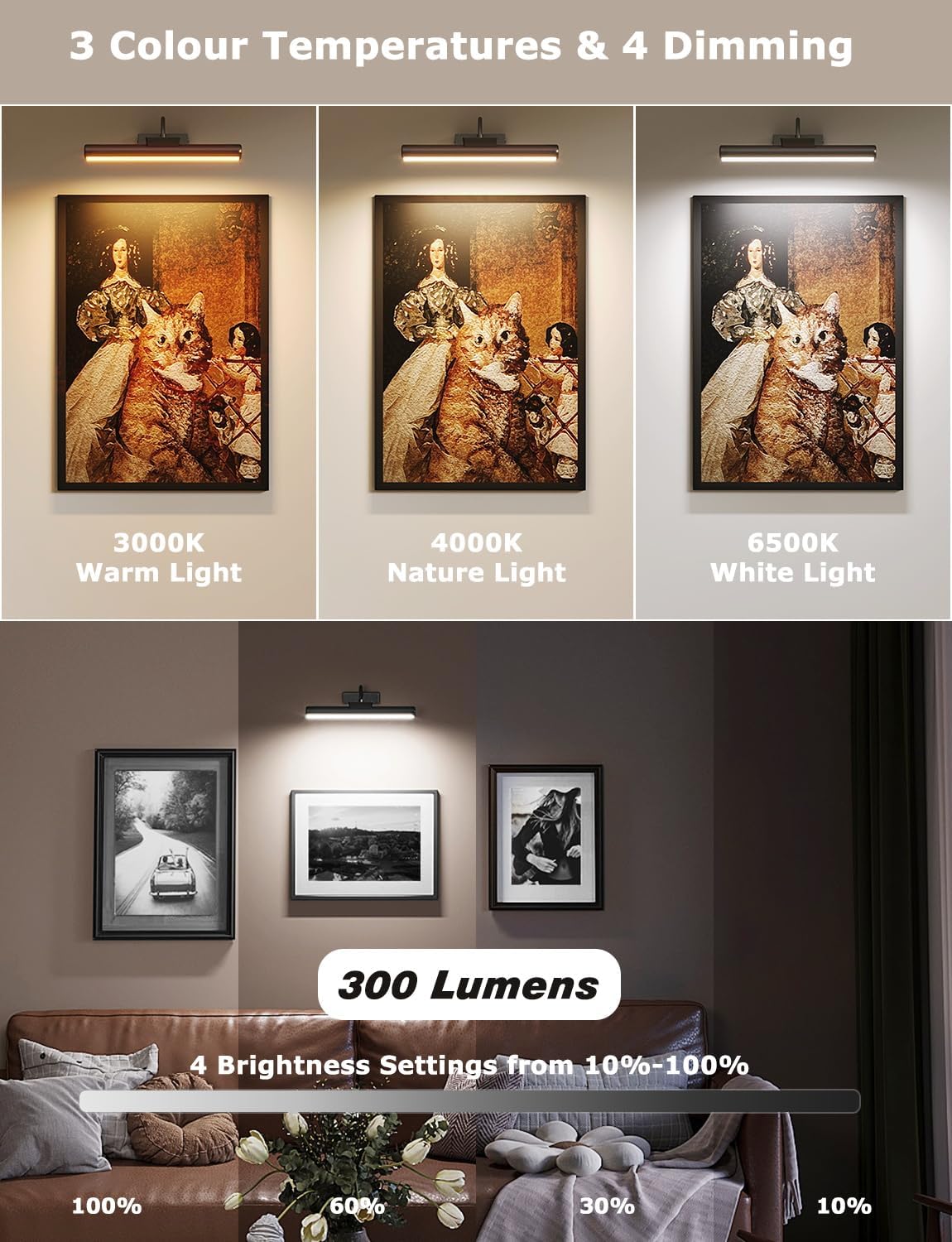 16" Wireless Picture Lights for Wall, Rechargeable Art Light, 2Pack Black | Aluminum Photo Frame Light, Remote & Touch