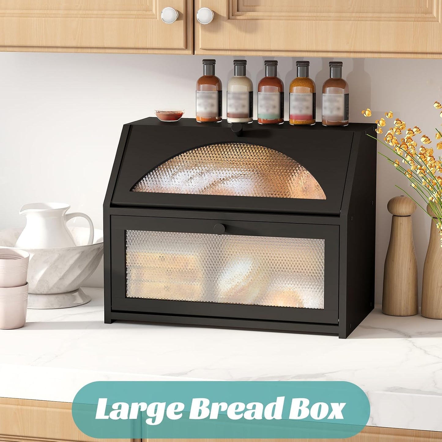 Bread Box, Bamboo Wood Bread Box for Kitchen Counter, Double-layer Bread Storage Bin, Acrylic glass with Diamond