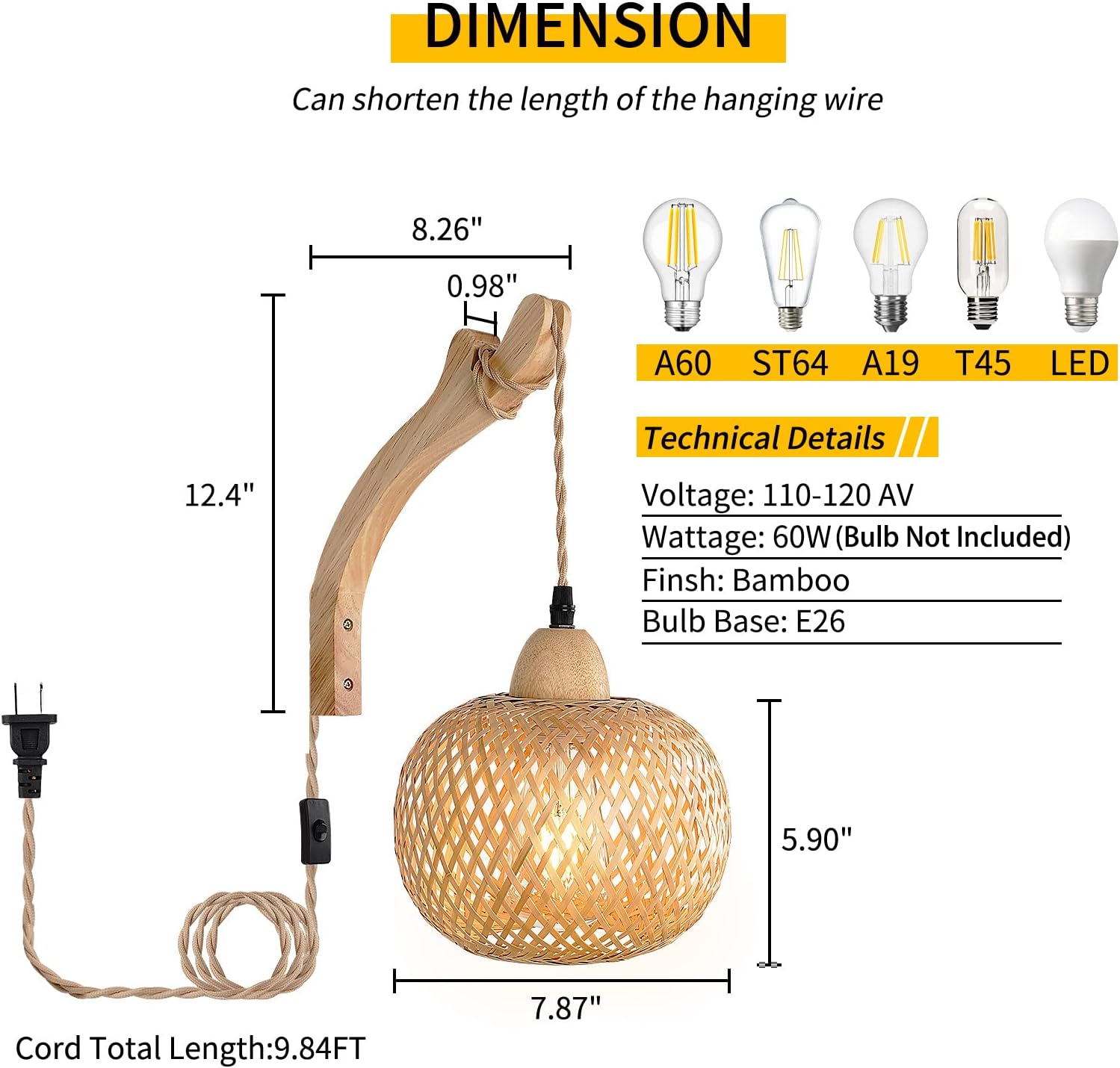Plug in Cord Hand Woven Rattan Wall Light Farmhouse / Orange