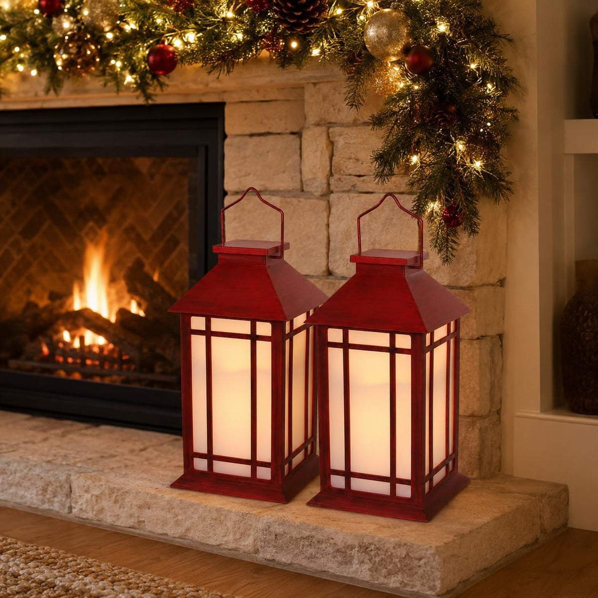 Bdor 13 Inch Christmas Outdoor Decorative Lanterns with Candle Timer 2 Pack | Battery powered convenience, cozy