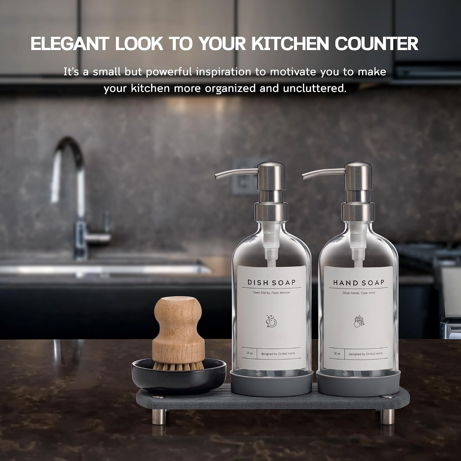 [Luxury] Kitchen Soap Dispenser Set - 16OZ Clear Glass Bottle, Stainless Steel Pump, Instant Dry Tray, Waterproof
