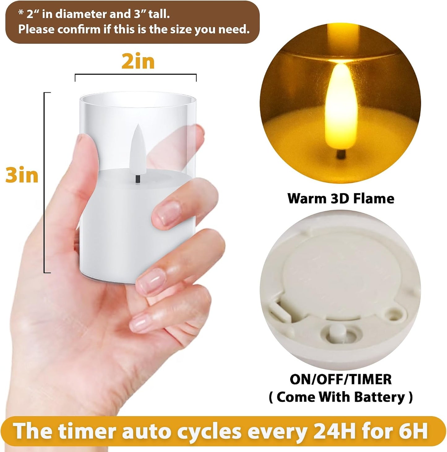 VIODAIM 12Pack Flickering Flameless LED Candles with Timer, Battery Powered - Small Pillar & Votive, Clear (2"X3")