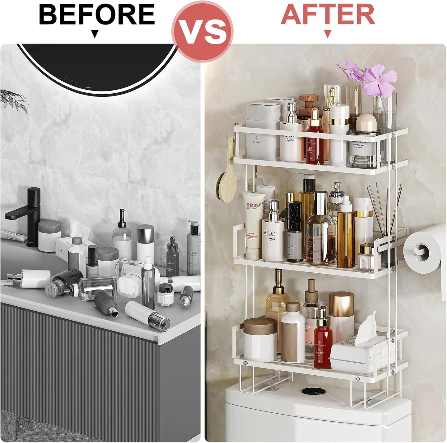 3-Tier Over Toilet Storage Shelf, Wall-Mount with 2 Hook/Paper Rack | Bathroom Organizers and Storage Cabinet