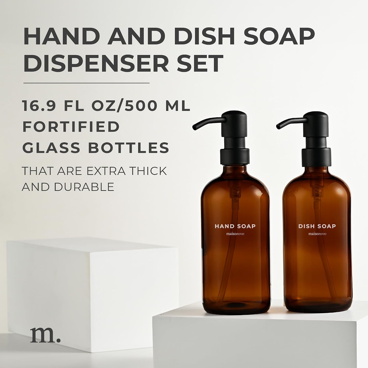 MaisoNovo Soap Dispenser 2-Piece Set | 16.9oz Amber Bottles with Black Plastic Pumps