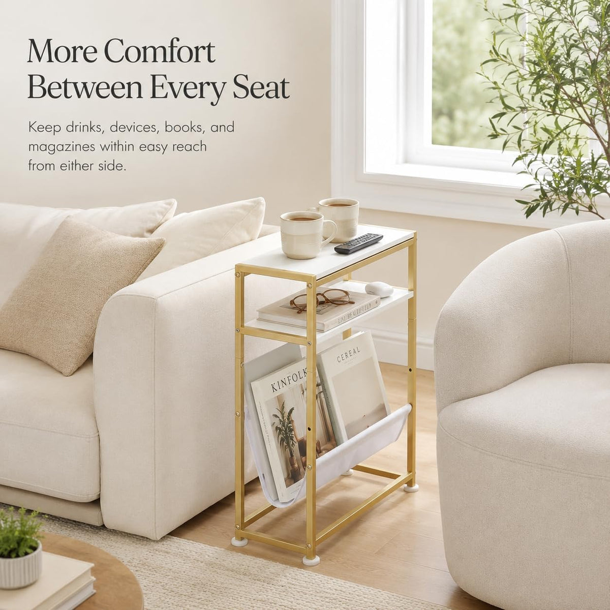 Narrow End Table for Small Spaces - Slim Side Table with Magazine Holder,2 in 1 Design Narrow Coffee Table Living