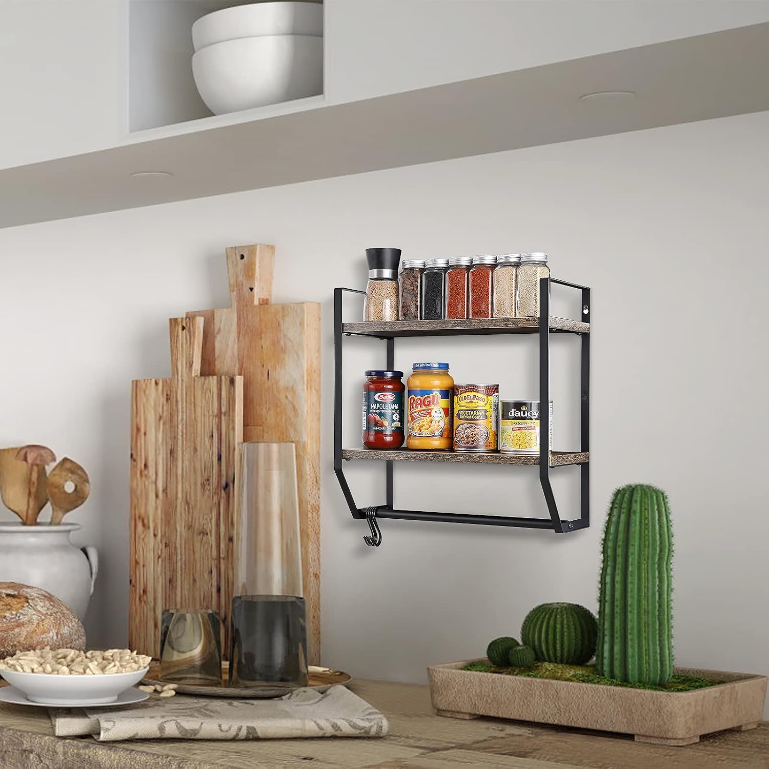 OYEAL Bathroom Shelf with Towel Bar Wall Mounted Towel Rack | Rustic Towel Shelf for Bathroom with 5 Hooks, 2 Tier