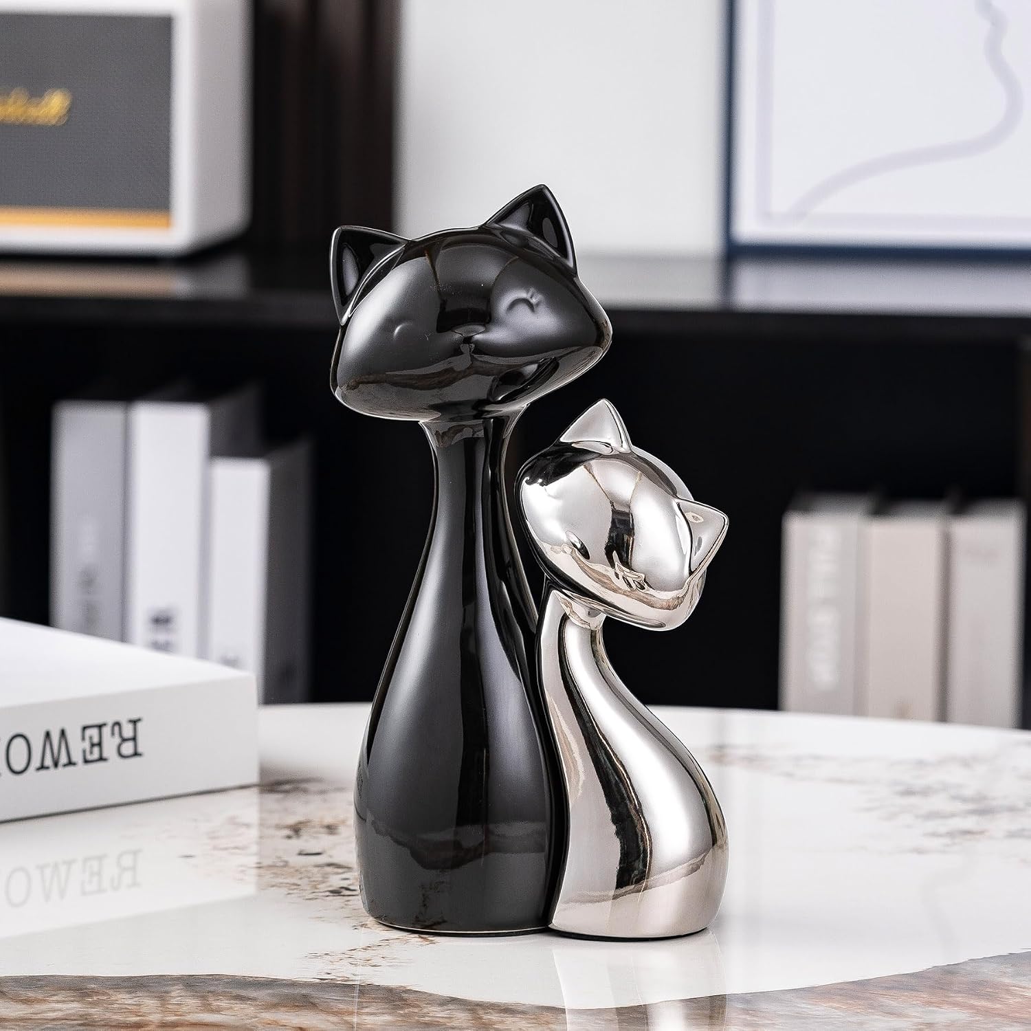 Ceramic Cat Statue / Black& Silver / Set of 2