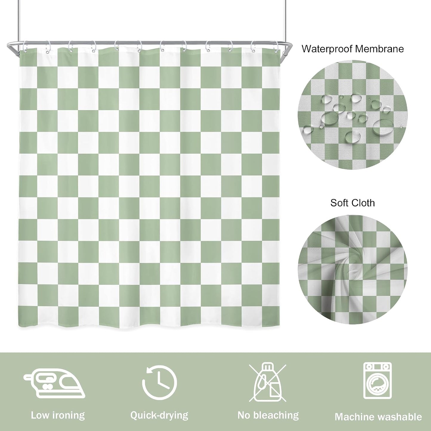 Sage Green White Checkered Shower Curtain L Abstract Y2K / 02 Green White / 72"W x 72"L / 72 x 72