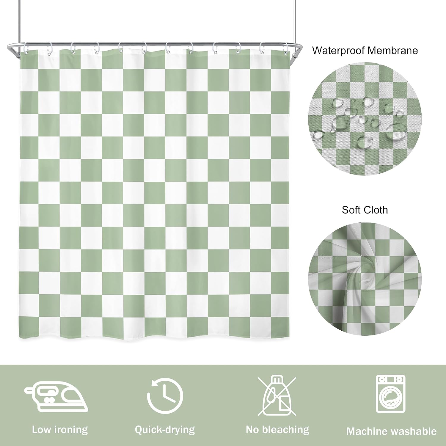 Sage Green White Checkered Shower Curtain L Abstract Y2K / 02 Green White / 72"W x 72"L / 72 x 72