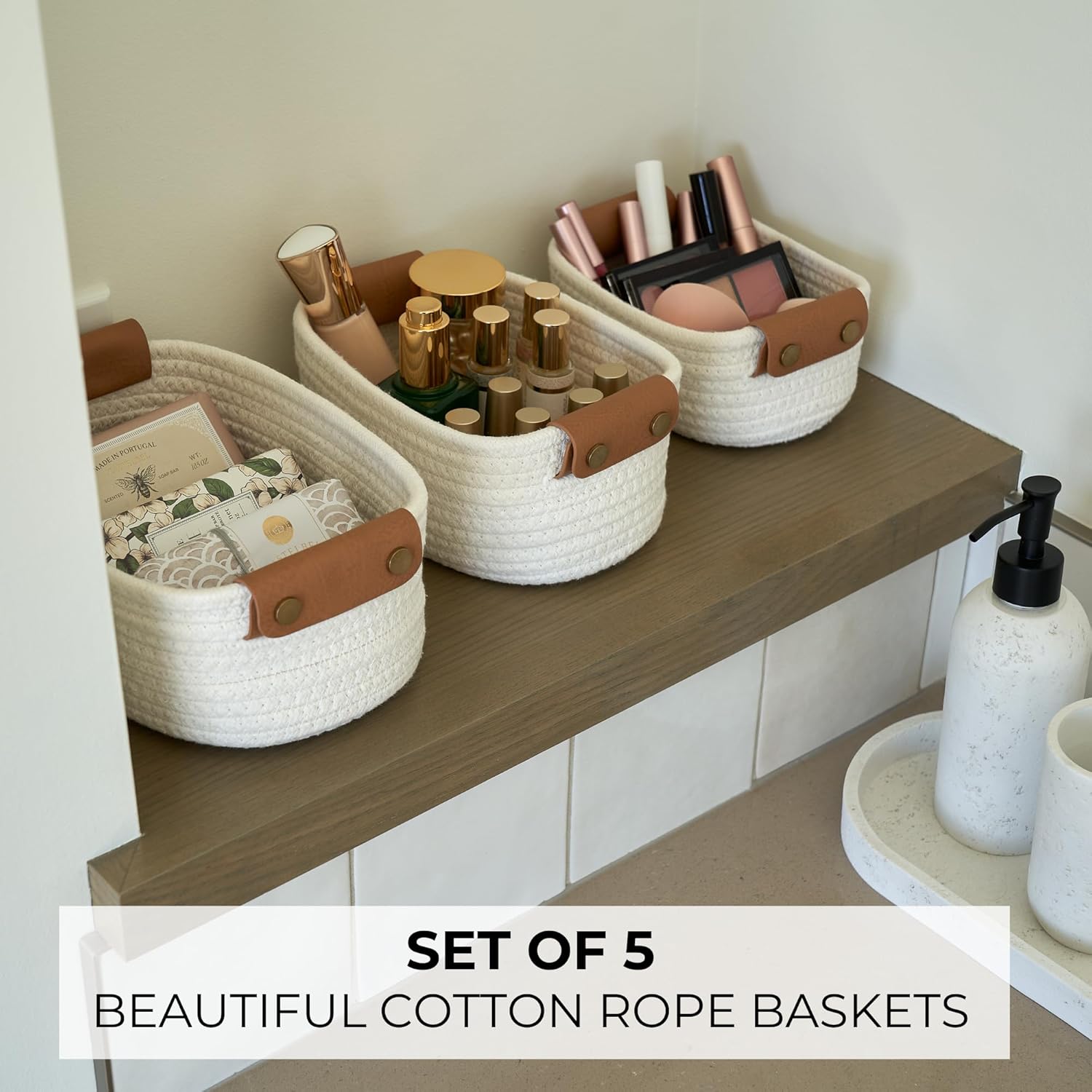 Storage Basket / Sturdy Cotton Rope Baskets / Beige / Set of 5