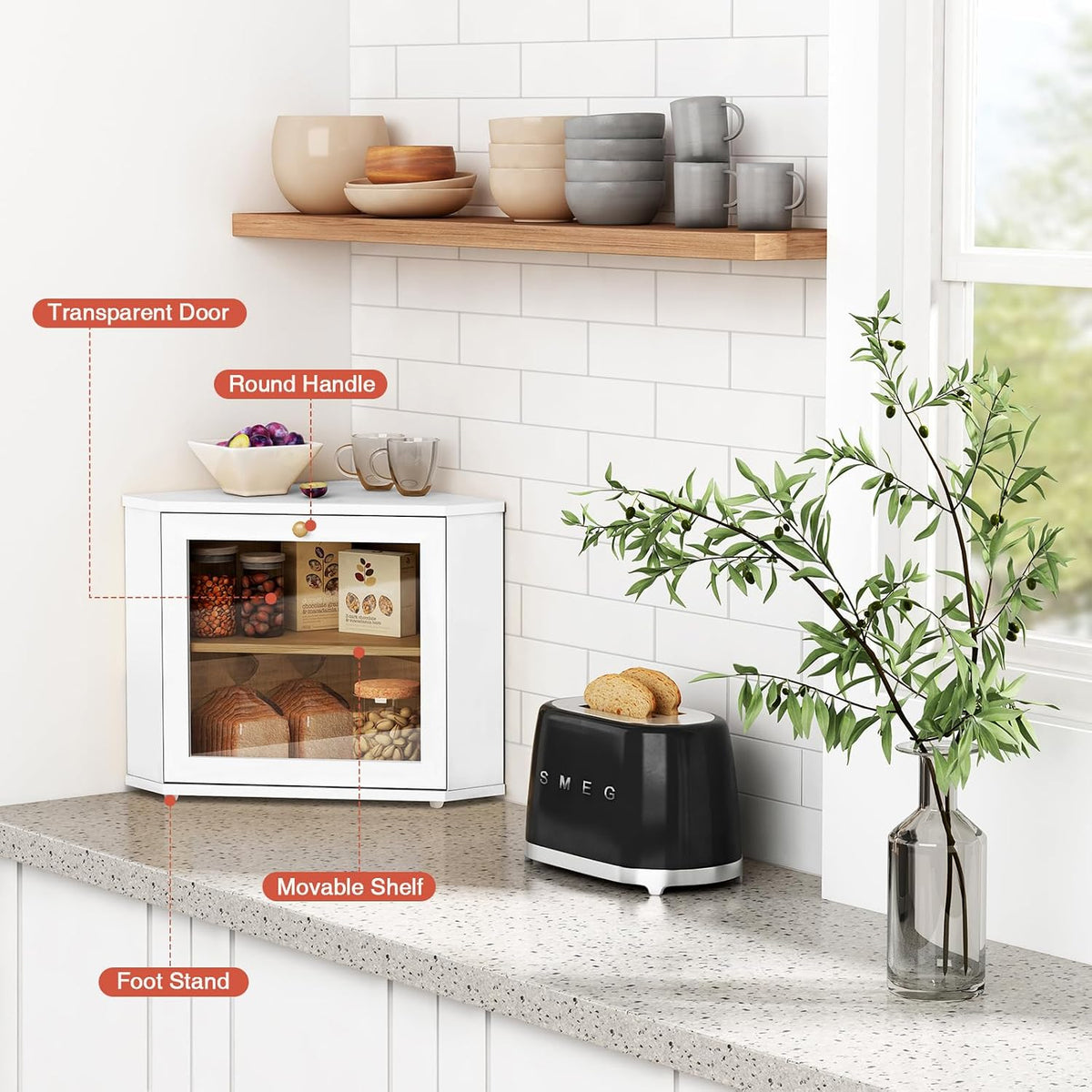 Goozii White Corner Bread Box for Kitchen Countertop, 2 Tier Breadbox for Sourdough Loaf, Modern Bread Storage
