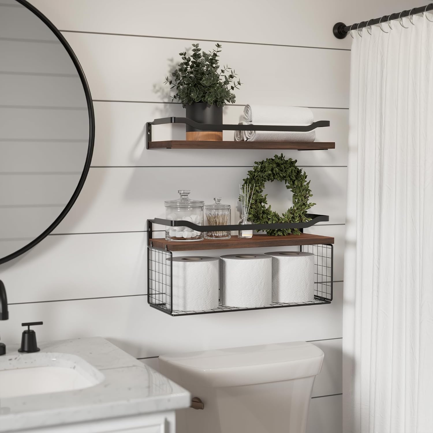 Floating Shelves with Wire Storage Basket, Bathroom Shelves Over Toilet with Protective Metal Guardrail, Wood Wall